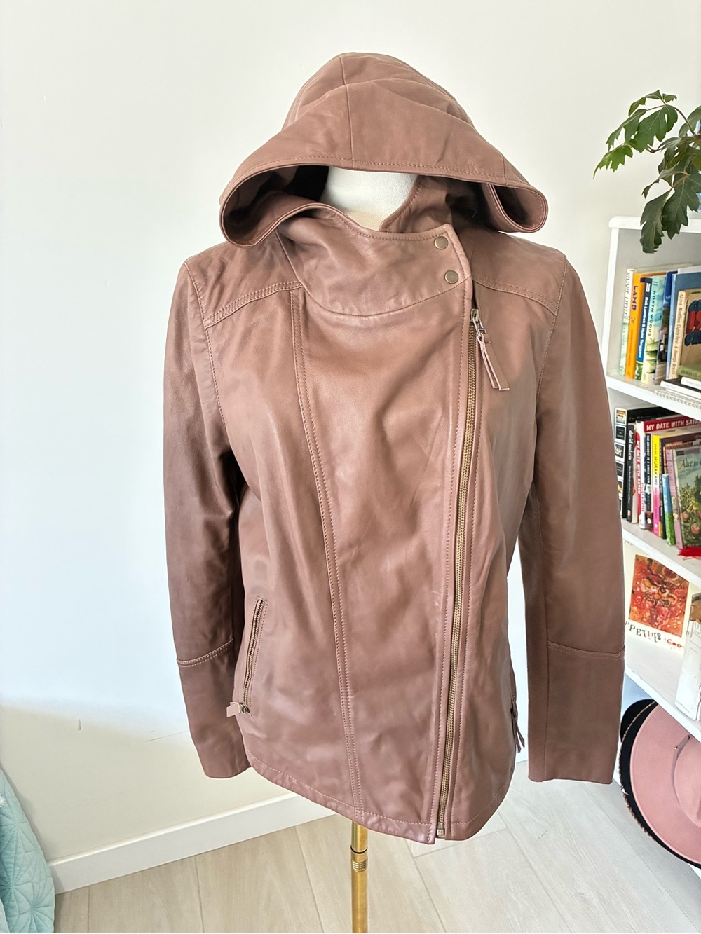 hinge Brown Leather Hooded Moto Jacket
